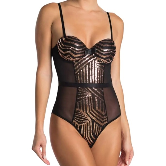 Glamorous Rose Gold Sequin Panels on Black Bodysuit size Small Black Fuschia 268 - Picture 1 of 9